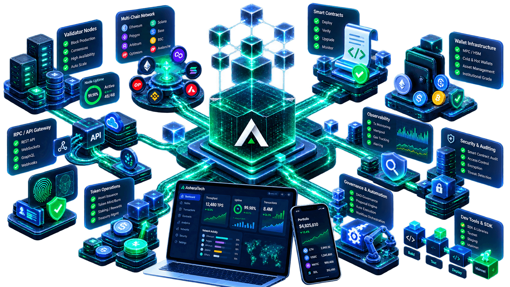 Blockchain infrastructure and Web3 engineering ecosystem with validator nodes, smart contracts, wallets, APIs, observability and security.