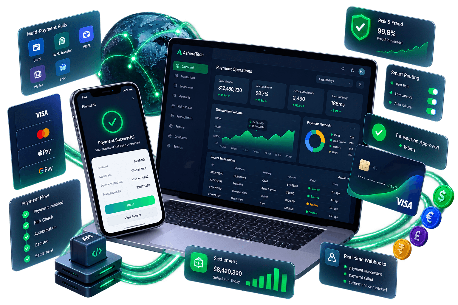 Payment operations platform interface with multi-rail payments, settlement, risk and analytics.