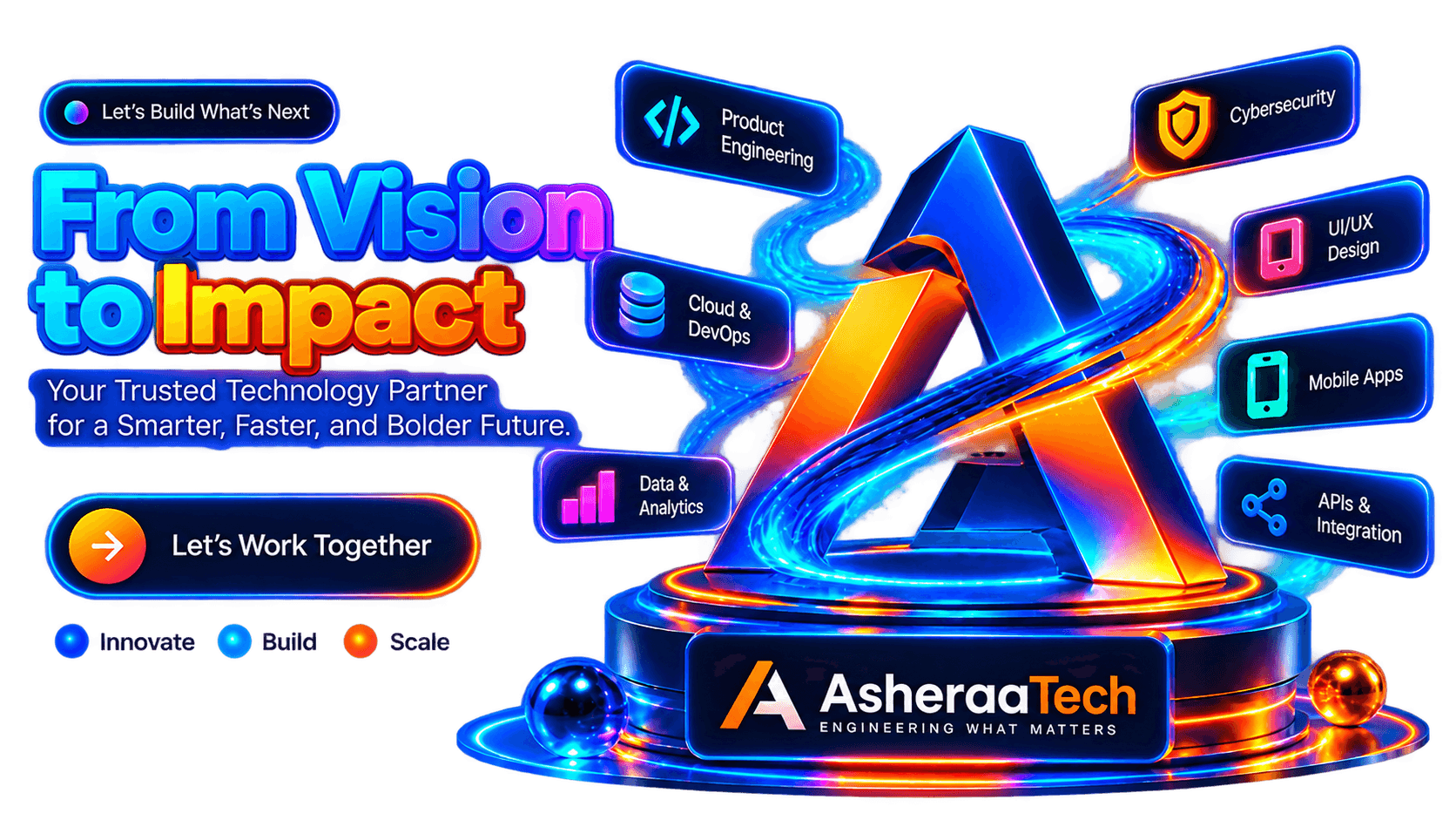 AsheraTech closing artwork connecting product engineering, cloud, cybersecurity, UI/UX, mobile, data and API integration.
