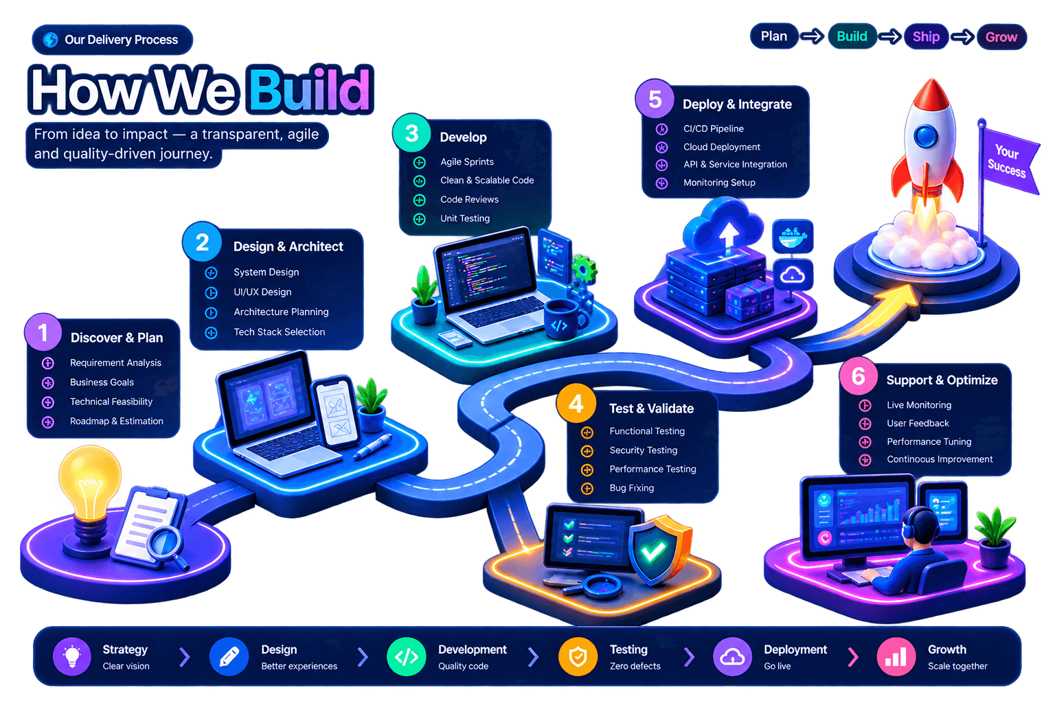 AsheraTech delivery process from discovery and design through development, testing, deployment and optimization.